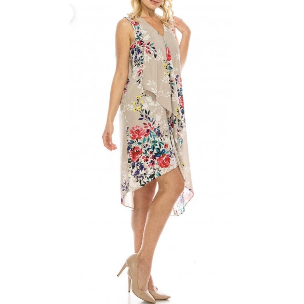 Adrianna Papell Women's Multi Floral Printed Layered Dress Ivory Sz 14 Party
